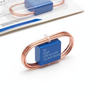 สายนำทองแดงเคลือบดีบุก วัสดุตัวเก็บประจุความปลอดภัย X2 ค่าความคลาดเคลื่อนของความจุ บวกหรือลบ 20 เปอร์เซ็นต์ แรงดันไฟกระชากที่กำหนด 2.5 เท่าของแรงดันที่กำหนด